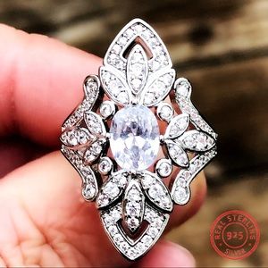 925 Vintage Art Deco Style Oval Diamond Ring